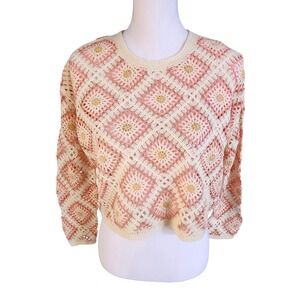 Mini Society Cropped Knit Floral Crocheted Pullover Sweater Size L NWT‎ 19" ptp